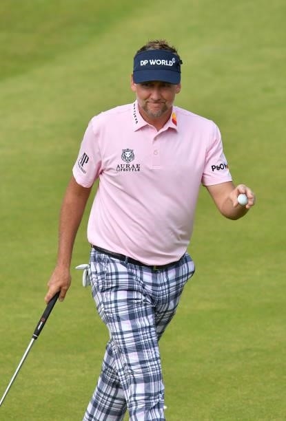 Ian Poulter of England reacts on the 18th green during Day Three of the abrdn Scottish Open at The Renaissance Club on July 10, 2021 in North...