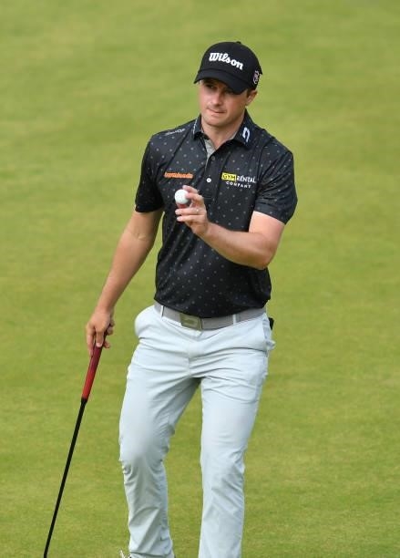 David Law of Scotland reacts on the 18th green during Day Three of the abrdn Scottish Open at The Renaissance Club on July 10, 2021 in North Berwick,...