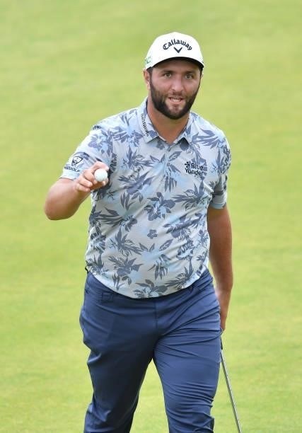 Jon Rahm of Spain acknowledges the crowd on the 18th green during Day Three of the abrdn Scottish Open at The Renaissance Club on July 10, 2021 in...