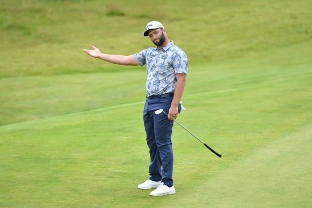 Jon Rahm of Spain reacts on the 18th green during Day Three of the abrdn Scottish Open at The Renaissance Club on July 10, 2021 in North Berwick,...