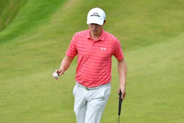 Matthew Fitzpatrick of England acknowledges the crowd on the 18th green during Day Three of the abrdn Scottish Open at The Renaissance Club on July...