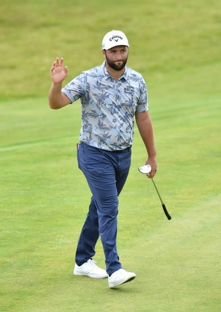 Jon Rahm of Spain acknowledges the crowd on the 18th green during Day Three of the abrdn Scottish Open at The Renaissance Club on July 10, 2021 in...