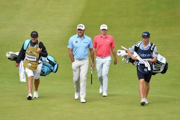 Lee Westwood and Matthew Fitzpatrick of England walk on the 18th hole during Day Three of the abrdn Scottish Open at The Renaissance Club on July 10,...