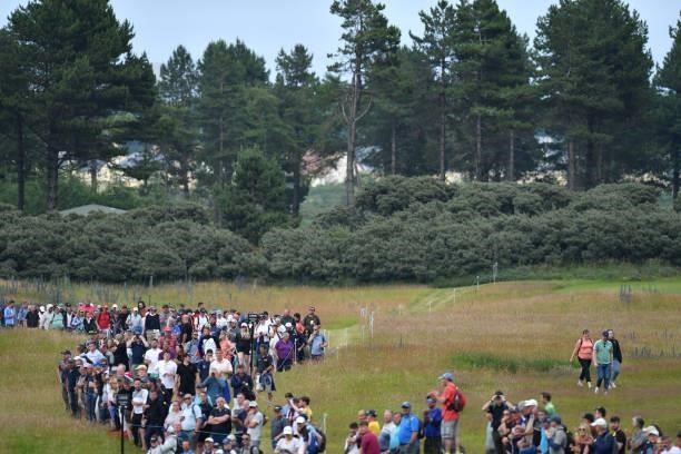 Spectators look on on the 18th hole during Day Three of the abrdn Scottish Open at The Renaissance Club on July 10, 2021 in North Berwick, Scotland.