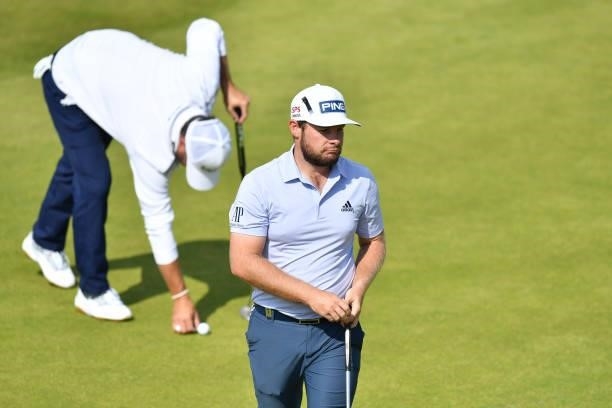 Tyrrell Hatton of England reacts on the 18th green during Day Three of the abrdn Scottish Open at The Renaissance Club on July 10, 2021 in North...