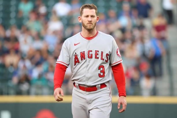 Taylor Ward of the Los Angeles Angels reacts after hitting into a double play to end the top of the fourth inning against the Seattle Mariners at...