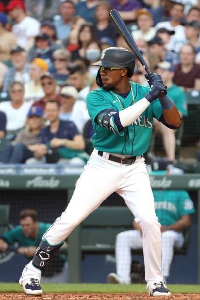 Shed Long Jr. #4 of the Seattle Mariners at bat during the fourth inning against the Los Angeles Angels at T-Mobile Park on July 09, 2021 in Seattle,...