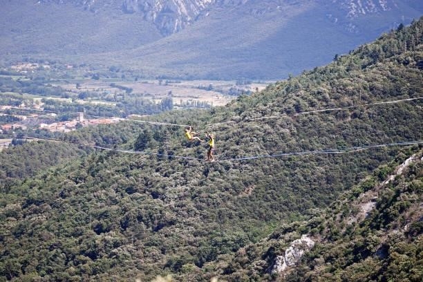 Trapeze artists during the 108th Tour de France 2021, Stage 14 a 183,7km stage from Carcassonne to Quillan / @LeTour / #TDF2021 / on July 10, 2021 in...