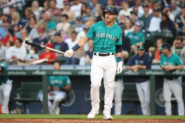 Jake Bauers of the Seattle Mariners reacts while at bat during the fifth inning against the Los Angeles Angels at T-Mobile Park on July 09, 2021 in...
