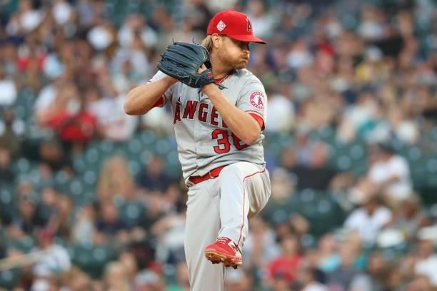 Alex Cobb of the Los Angeles Angels pitches during the fifth inning against the Seattle Mariners at T-Mobile Park on July 09, 2021 in Seattle,...