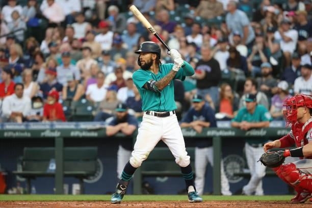 Crawford of the Seattle Mariners at bat during the fifth inning against the Los Angeles Angels at T-Mobile Park on July 09, 2021 in Seattle,...