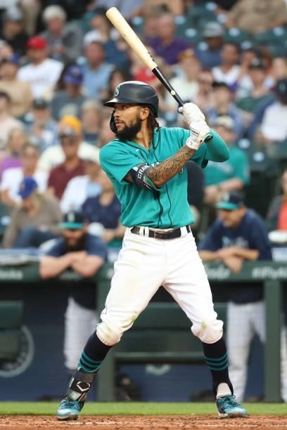 Crawford of the Seattle Mariners at bat during the fifth inning against the Los Angeles Angels at T-Mobile Park on July 09, 2021 in Seattle,...