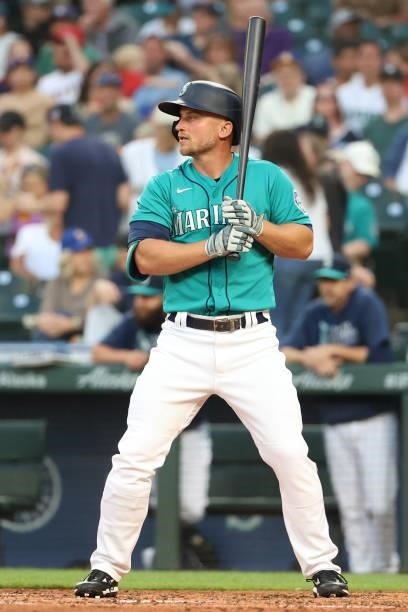 Kyle Seager of the Seattle Mariners at bat during the fifth inning against the Los Angeles Angels at T-Mobile Park on July 09, 2021 in Seattle,...