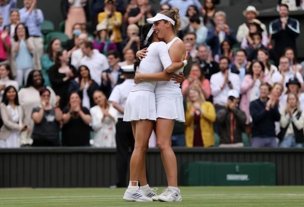 Su-Wei Hsieh of Taiwan and Elise Mertens of Belgium celebrate winning their Ladies' Doubles Final match against Veronika Kudermetova of Russia and...