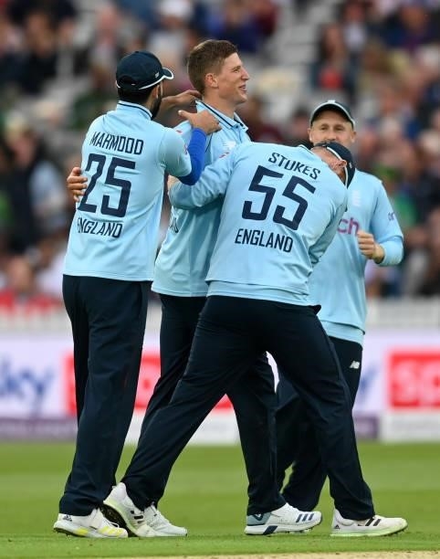 Brydon Carse of England celebrates dismissing Hasan Ali of Pakistan during the 2nd Royal London Series One Day International between England and...