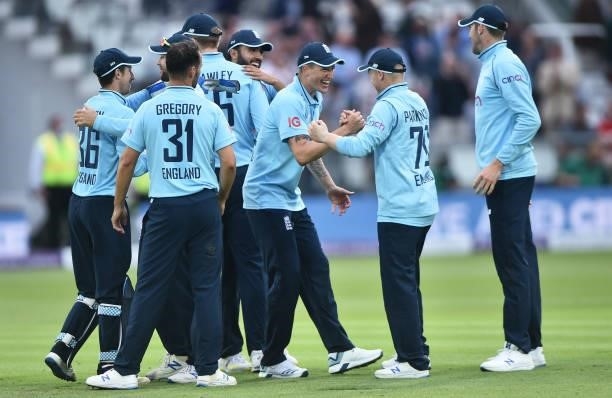 England players celebrate after they win the 2nd Royal London Series One Day International match between England and Pakistan at Lord's Cricket...