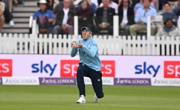 England bowler Craig Overton takes a catch to dismiss Hassan Ali during the 2nd Royal London ODI between England and Pakistan at Lord's Cricket...