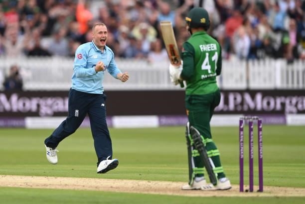 England bowler Matt Parkinson celebrates after taking the wicket of Faheem Ashraf during the 2nd Royal London ODI between England and Pakistan at...