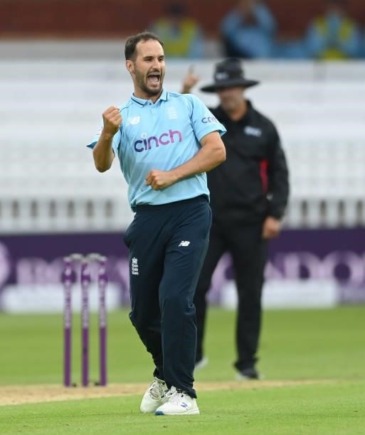 Lewis Gregory of England celebrates after dismissing Haris Rauf of Pakistan as England won the second One Day International between England and...