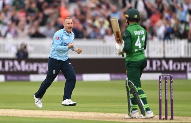 England bowler Matt Parkinson celebrates after taking the wicket of Faheem Ashraf during the 2nd Royal London ODI between England and Pakistan at...