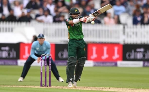 Pakistan batsman Saud Shakeel hits out during the 2nd Royal London ODI between England and Pakistan at Lord's Cricket Ground on July 10, 2021 in...
