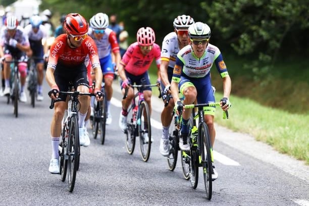 Élie Gesbert of France and Team Arkéa Samsic & Louis Meintjes of South Africa and Team Intermarché - Wanty - Gobert Matériaux in the Breakaway during...