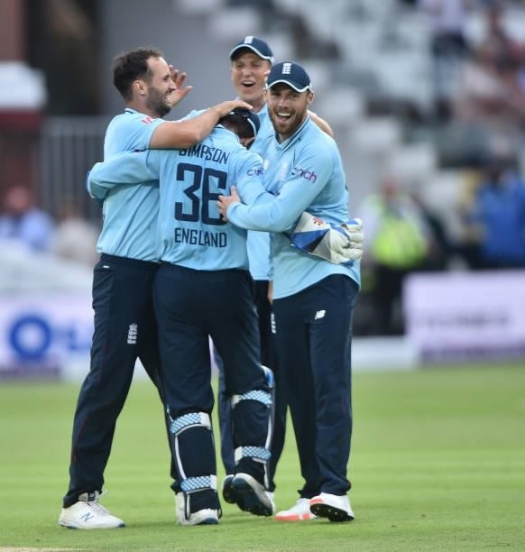 England players celebrate after win the 2nd Royal London Series One Day International match between England and Pakistan at Lord's Cricket Ground on...