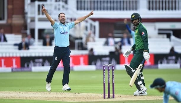 Lewis Gregory of England celebrates after getting Haris Rauf of Pakistan out during the 2nd Royal London Series One Day International match between...