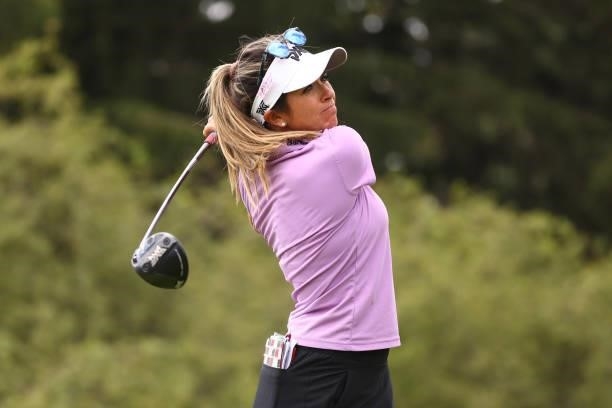 Gerina Piller watches her tee shot on the seventh hole during the third round of the Marathon LPGA Classic presented by Dana at Highland Meadows Golf...