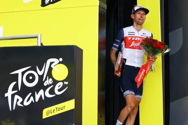 Bauke Mollema of The Netherlands and Team Trek - Segafredo Most Combative Rider celebrates at podium during the 108th Tour de France 2021, Stage 14 a...