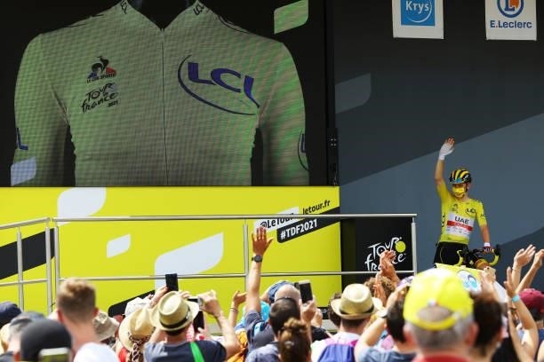 Tadej Pogačar of Slovenia and UAE-Team Emirates Yellow Leader Jersey at start during the 108th Tour de France 2021, Stage 14 a 183,7km stage from...