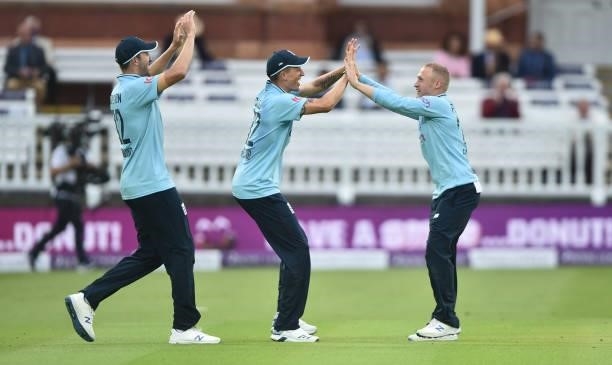 Matt Parkinson of England celebrates after getting Faheem Ashraf of Pakistan out during the 2nd Royal London Series One Day International match...
