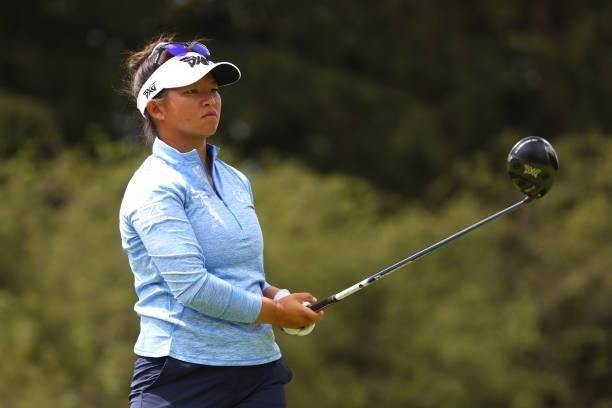 Megan Khang watches her tee shot on the seventh hole during the third round of the Marathon LPGA Classic presented by Dana at Highland Meadows Golf...