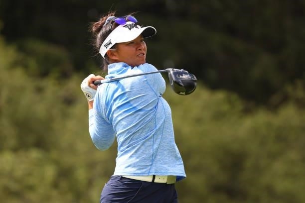 Megan Khang watches her tee shot on the seventh hole during the third round of the Marathon LPGA Classic presented by Dana at Highland Meadows Golf...
