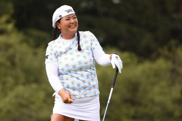 Christina Kim watches her tee shot on the seventh hole during the third round of the Marathon LPGA Classic presented by Dana at Highland Meadows Golf...