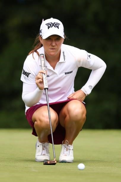 Austin Ernst reads a putt on the sixth green during the third round of the Marathon LPGA Classic presented by Dana at Highland Meadows Golf Club on...