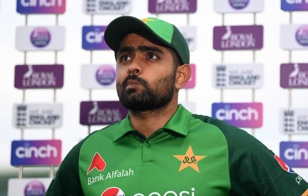 Pakistan captain Babar Azam speaks at the post match presentations after the 2nd Royal London Series One Day International between England and...