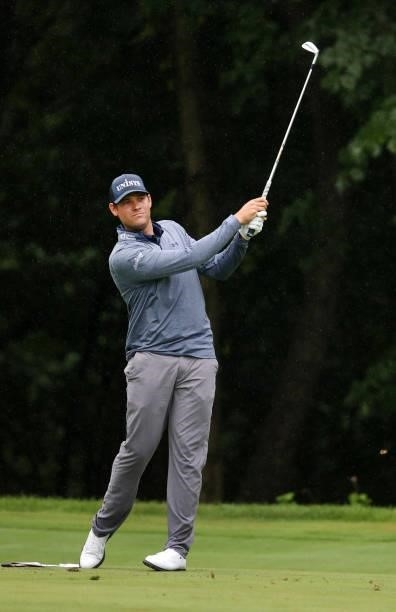 Adam Schenk plays his second shot on the sixth hole during the third round of the John Deere Classic at TPC Deere Run on July 10, 2021 in Silvis,...