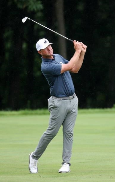 Lucas Glover plays his shot on the sixth fairway during the third round of the John Deere Classic at TPC Deere Run on July 10, 2021 in Silvis,...