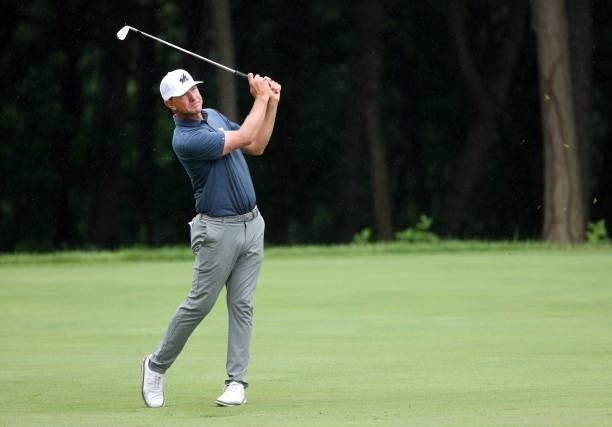 Lucas Glover plays his shot on the sixth fairway during the third round of the John Deere Classic at TPC Deere Run on July 10, 2021 in Silvis,...