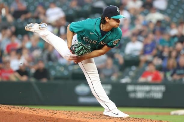 Marco Gonzales of the Seattle Mariners pitches during the sixth inning against the Los Angeles Angels at T-Mobile Park on July 09, 2021 in Seattle,...