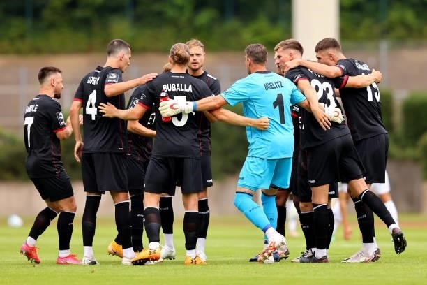 The team of Viktoria Koeln comes together prior to the pre-season Bundesliga match between Borussia Moenchengladbach and Viktoria Koeln at...