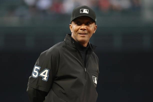Umpire CB Bucknor looks on while officiating a game between the Seattle Mariners and Los Angeles Angels at T-Mobile Park on July 09, 2021 in Seattle,...