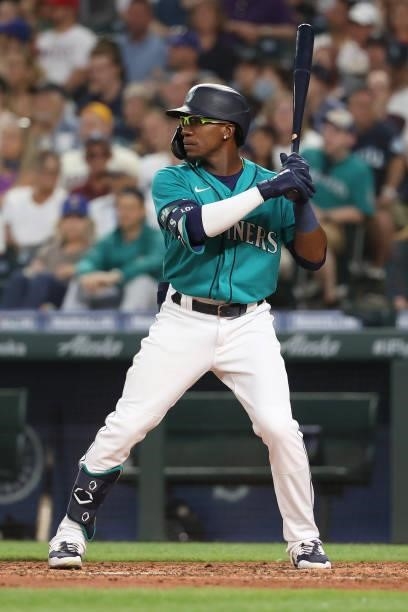 Shed Long Jr. #4 of the Seattle Mariners at bat during the sixth inning against the Los Angeles Angels at T-Mobile Park on July 09, 2021 in Seattle,...