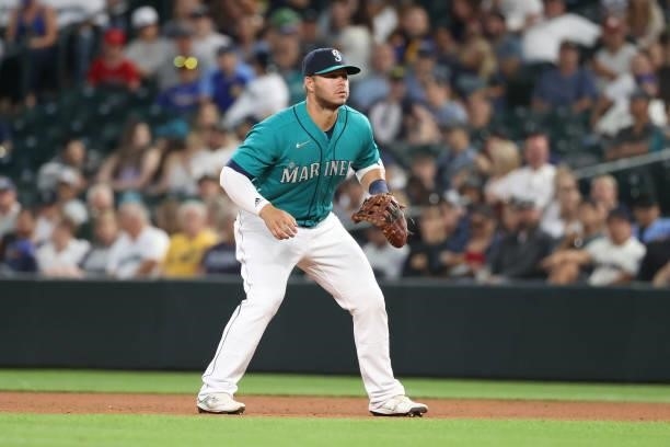 Ty France of the Seattle Mariners lines up for play during the seventh inning against the Los Angeles Angels at T-Mobile Park on July 09, 2021 in...