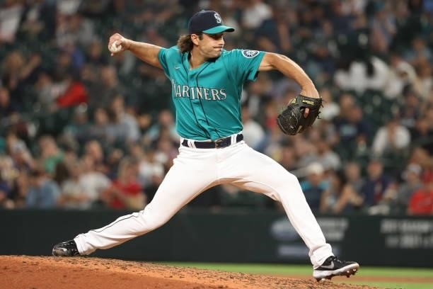 Chargois of the Seattle Mariners pitches during the seventh inning against the Los Angeles Angels at T-Mobile Park on July 09, 2021 in Seattle,...