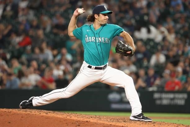Chargois of the Seattle Mariners pitches during the seventh inning against the Los Angeles Angels at T-Mobile Park on July 09, 2021 in Seattle,...