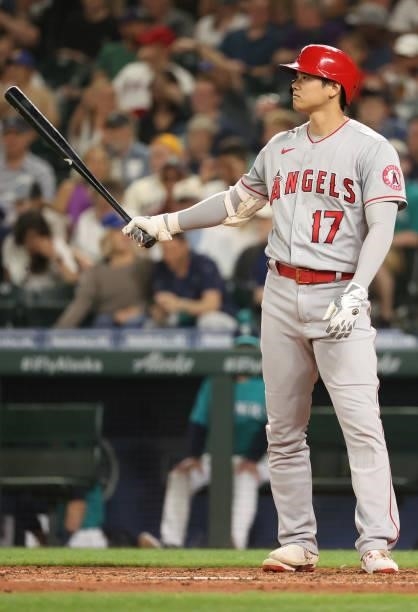 Shohei Ohtani of the Los Angeles Angels at bat during the seventh inning against the Seattle Mariners at T-Mobile Park on July 09, 2021 in Seattle,...