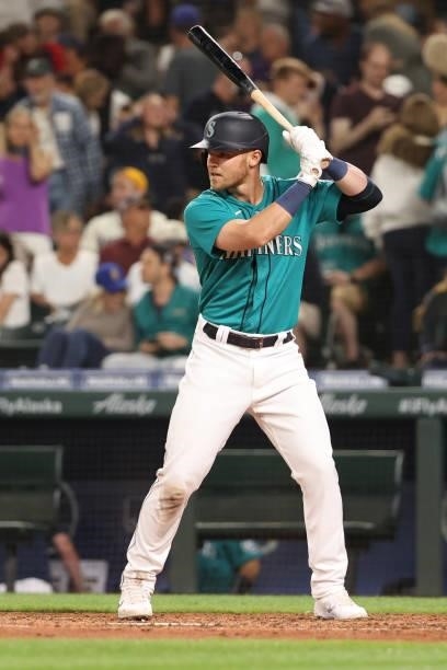 Jake Bauers of the Seattle Mariners at bat during the seventh inning against the Los Angeles Angels at T-Mobile Park on July 09, 2021 in Seattle,...