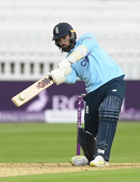 Saqib Mahmood of England hits out during the second One Day International between England and Pakistan at Lord's Cricket Ground on July 10, 2021 in...